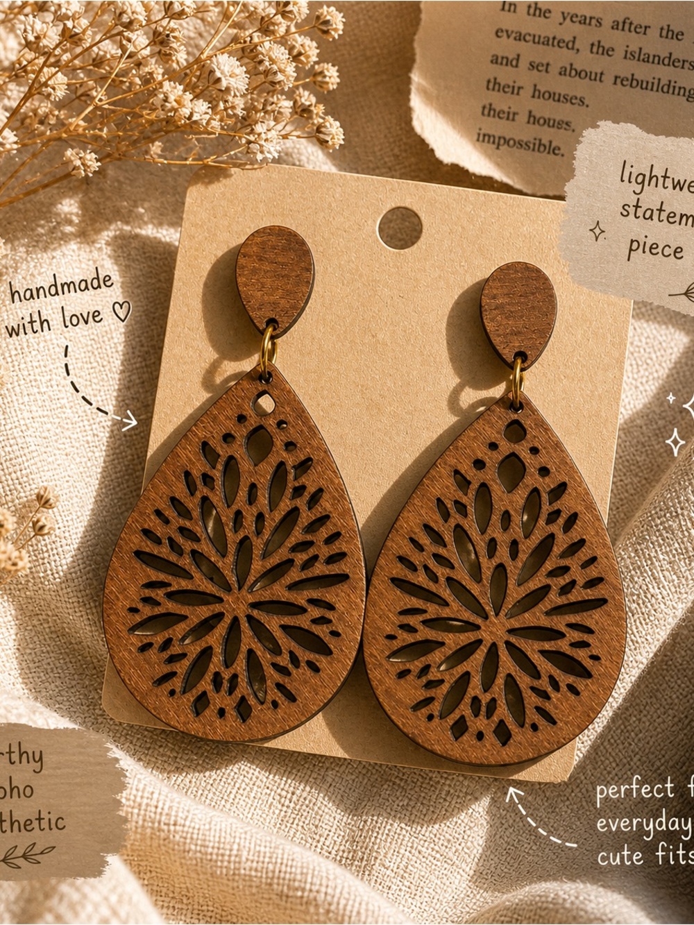 Hand Crafted Brown Laser-Cut Wooden Teardrop Earrings